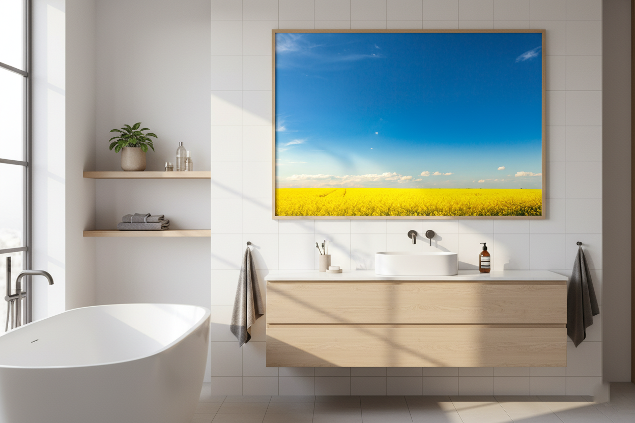Golden yellow rapeseed field contrasting with blue sky, photographic landscape print