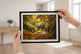 Load image into Gallery viewer, Warm and colorful autumn forest scenery with golden leaves and light beams through trees.
