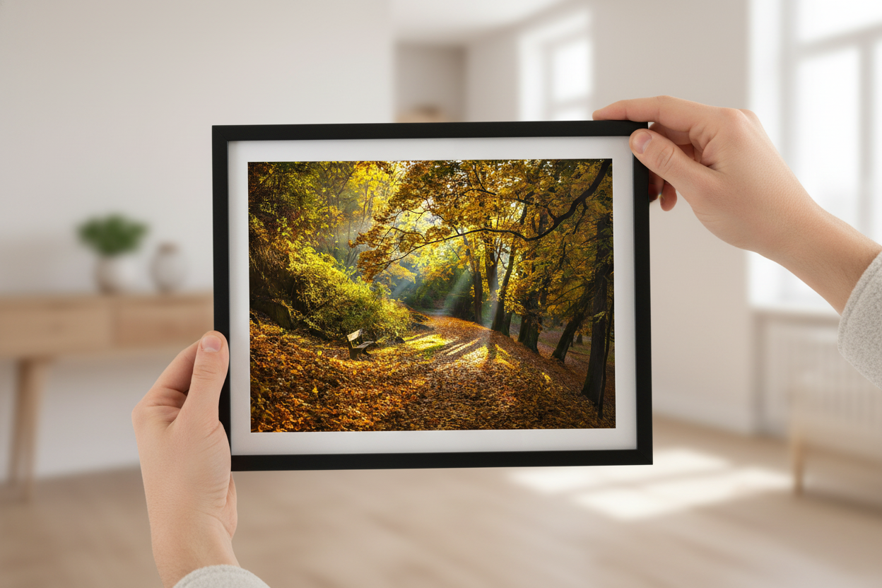 Warm and colorful autumn forest scenery with golden leaves and light beams through trees.