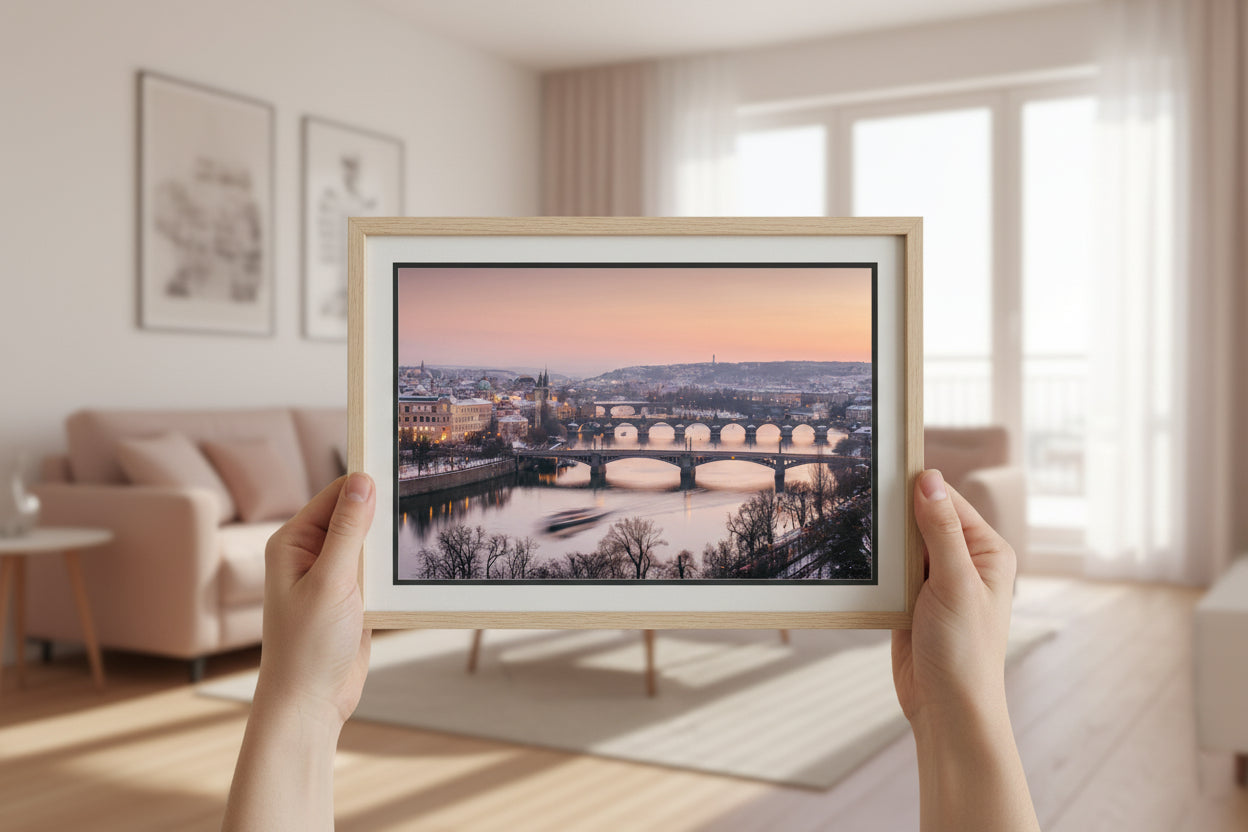 Prague Vltava River view from Letná Park at sunset — wall decor.