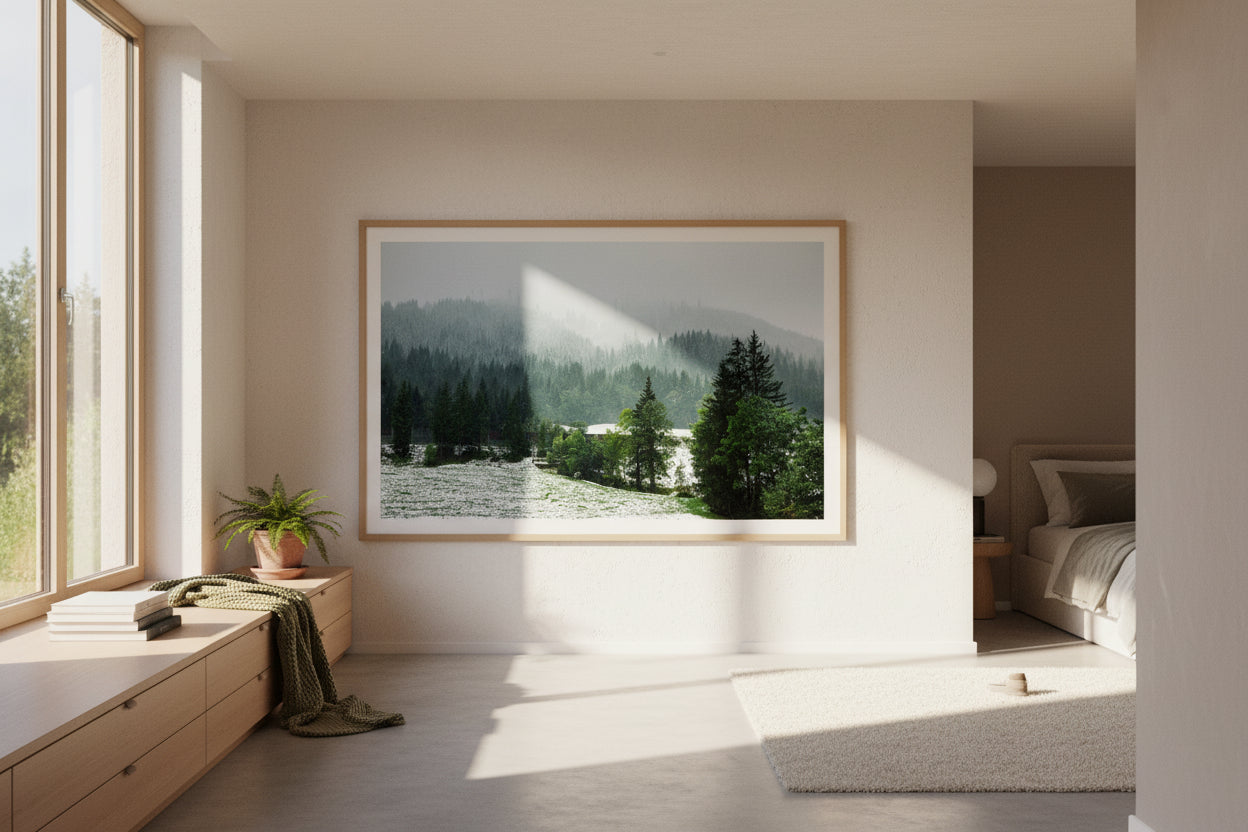 Modern bedroom with a large framed landscape print on the wall