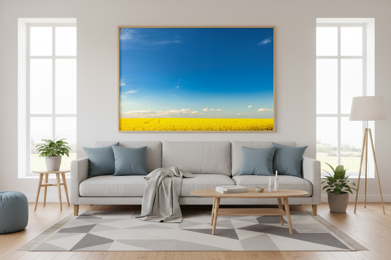 Minimal landscape with blue sky and yellow field, modern wall decor photo print