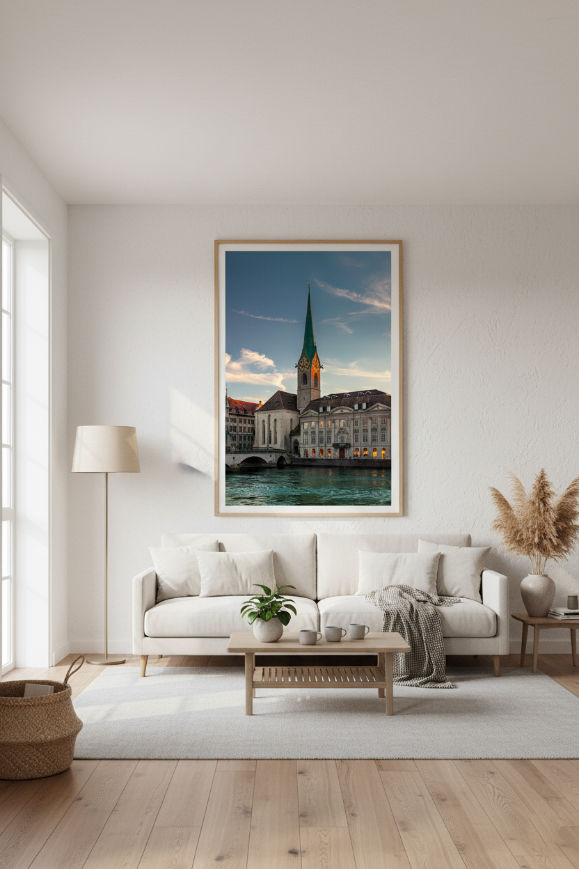 Fraumünster Church illuminated by golden evening light in Zurich