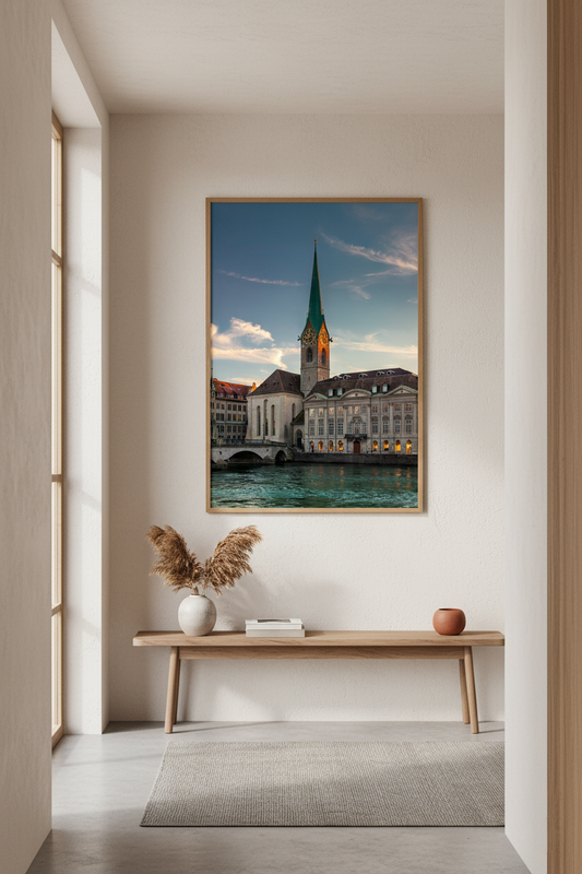 Sunset over the Limmat River and Fraumünster in central Zurich