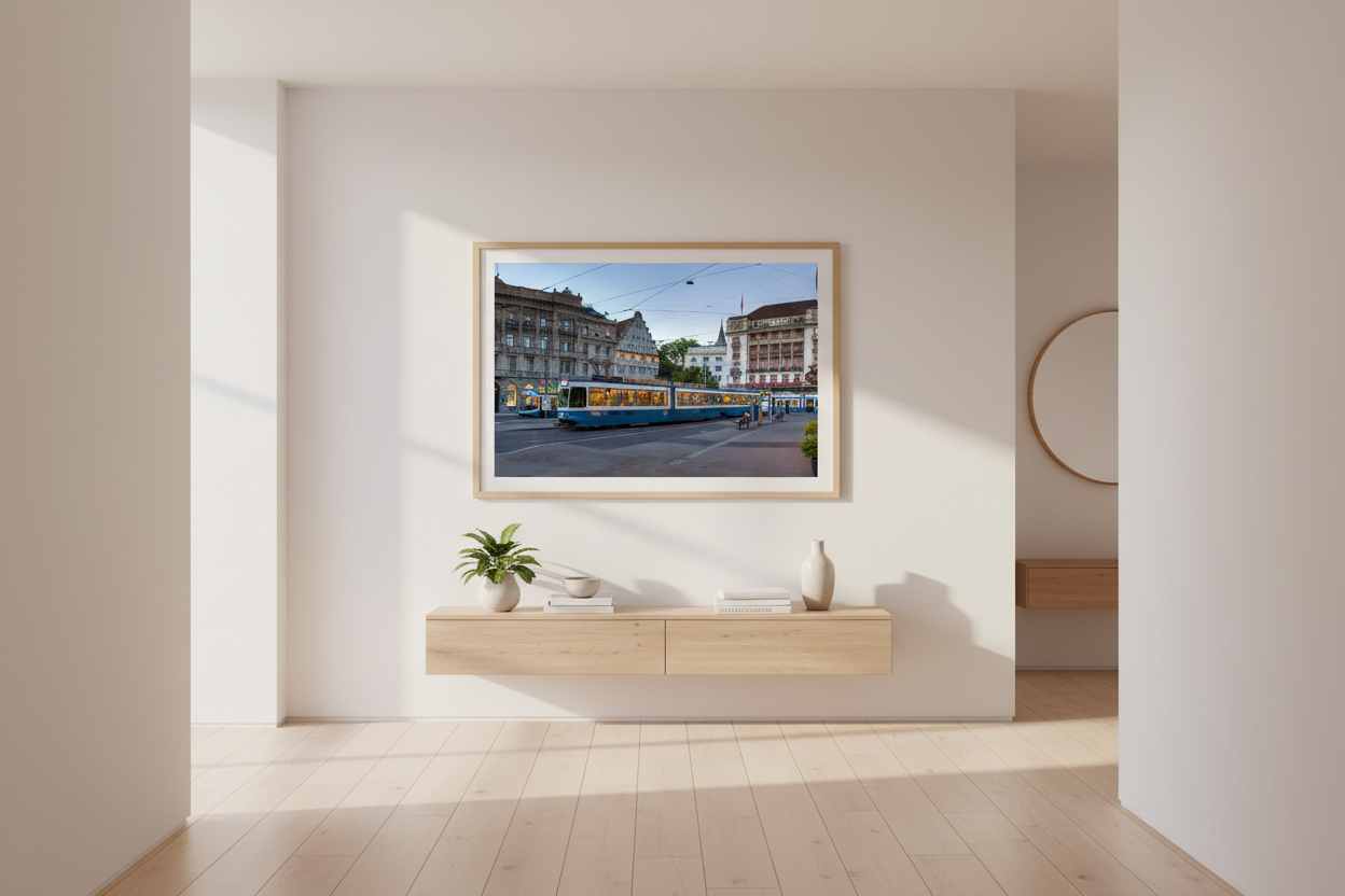 Zurich Tram at Paradeplatz — Fattrol fine art photography print, framed in interior